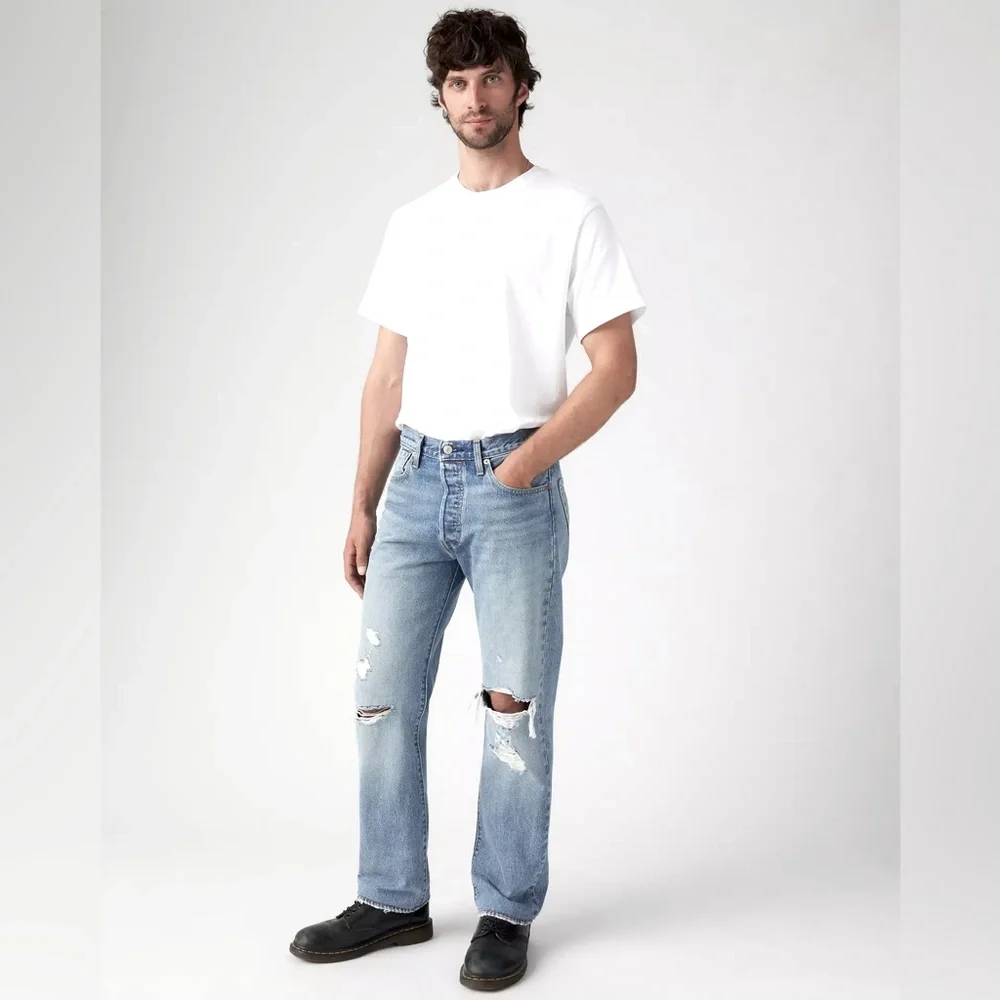 Levi's 501 Light Blue Distressed Straight Leg Denim Jeans Classic Casual Work